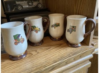Lot Of 4 Vintage Pottery Mugs With Antique Cars