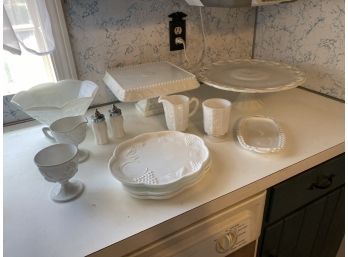 Huge Lot Of Vintage Milk Glass Including 2 Beautiful Cake Plates, Display Bowl, Plates, Creamers, & More!