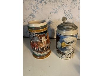 Pair Of Budweiser Collectible Steins, Endangered Species Eagle & Holidays Collection