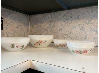 Vintage Fire King Milk Glass Set Of 4 Bowls Peach Blossoms Hand Painted Flowers