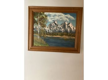 Oil On Canvas River And  Mountain Scape Professionally Framed