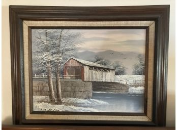 Stunning Oil On Canvas Covered Bridge Winter Scape Artist Signed Im A Be Frame
