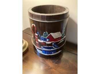 Vintage Wooden Barrel With Blue Birds And Winterscape