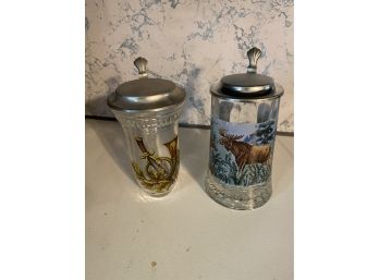 Pair Of Domex Clear Glass Painted German Steins With Pewter Lids