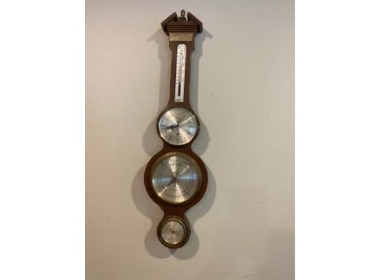 Vintage Mahogany Barometer, Thermometer, & Key Operated Clock By Salem Made In England