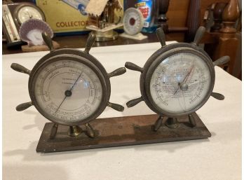 Swift And Anderson Dual Brass Ship Wheel Desk Barometer And Thermometer