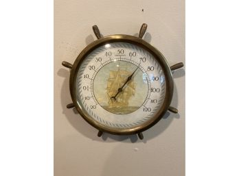 Vintage Brass Ship Wheel Thermometer By Standard Thermometer Inc, Boston Made In Usa
