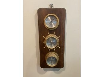 Vintage Springfield Barometer & Thermometer Brass Ship Wheel Mounted On Wooden Wall Hanging