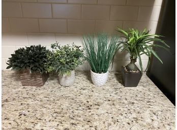 Lot Of 4 Small Planters With Faux Flowers