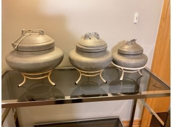 Set Of Three Chinese Ceremonial Ceramic Burning Bowls  With Iron Bases