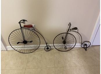Pair Of Decorative Penny-Farthing High Wheel Bicycles: One Wall Hanging, One Free Standing
