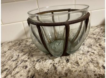 Hand Blown Glass Display Bowl With Metal Accent