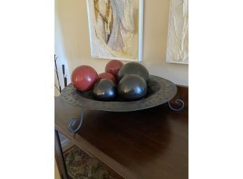 Display Bowl With Hand Made Clay Balls Painted Red And Black With A Glaze Made By Artist