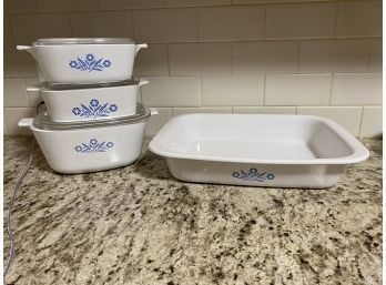 Vintage Corning Ware Blue Cornflower Set, Including 3 Lidded Casserole Dishes, & Large Baking Pan