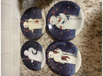 Set Of  Four Snowman Winter Plates Certified International By Mary Baxter