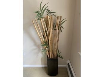 Lovely Bamboo Wood & Faux Bamboo Leaves Display In Heavy Ceramic Vase