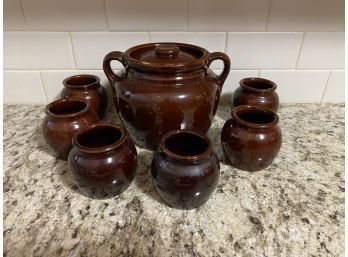 Western Stoneware Co. Brown Glazed Ceramic Lidded Bean Pot & Serving Bowls, Circa 1930s