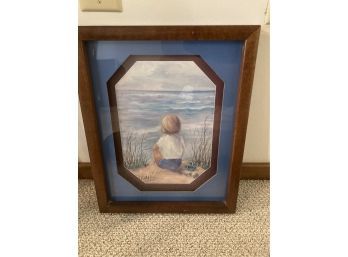 Framed And Matted Print Of A Kid Sitting On The Beach Watching The Ocean Signed Clifford