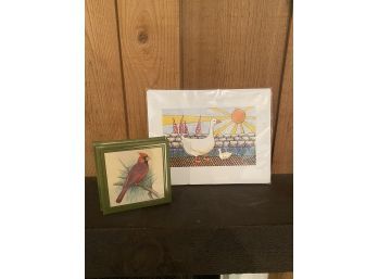 Pair Of Bird Themed Decor Pieces - One Unframed Print, One Standing Cardinal Picture
