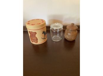 Lot Of 3 Lidded Storage Canisters Including Carved Wooden Piece