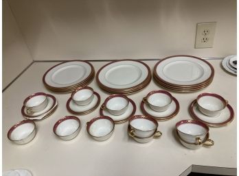 Red And Gold Pickard China 12 Dinner Plates, 12 Cups And Saucers