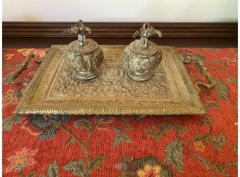 Absolutely Stunning Antique Double Inkwell With Ornate Design And Figures