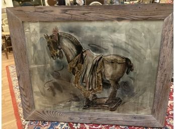 Large Stunning Mixed Media Painted Of A Horse In A Large Wood Frame