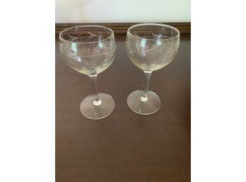 Pair Of 5 Inch Etched Wine Glasses