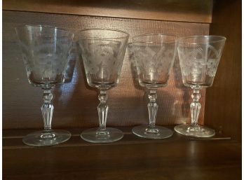 Lot Of 4 Etched Floral Wine Glasses 7 Inches Tall