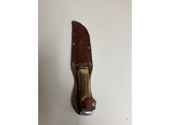 Vintage Baldon German Hunting Knife With Antler Handle And Leather Sheath