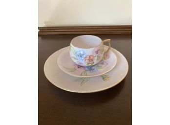 Beautiful Pansy Decorated Teacup With Two Saucers - Illegibly Marked