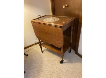 Vintage Dropleaf Tea Cart With Removable Glass Tray And Drawers