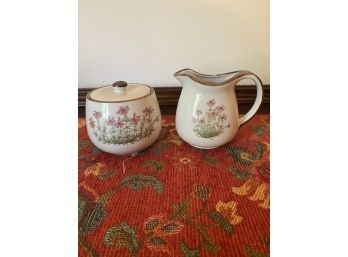 Creamer & Lidded Sugar Bowl Speckled Stoneware Pair With Beautiful Floral Patterns