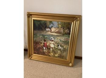Absolutely Stunning Large Oil On Canvas Impressionist Art Work In A Beautiful Gold Frame