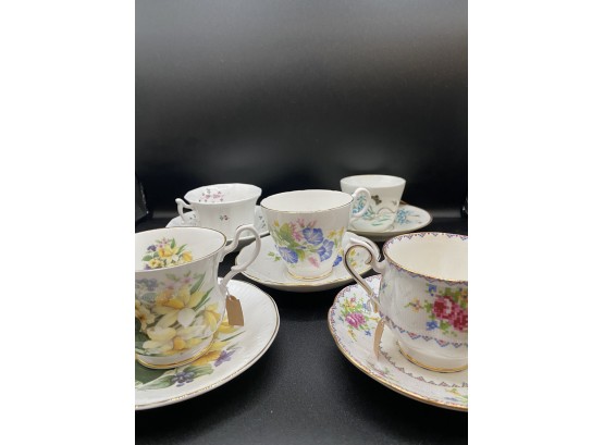 Lovely Set Of 5 Floral Decorated Teacups & Saucers, Various Makers