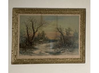 The Gray Lithograph Company 19th Century Print Winter Cabin Scene Gold Frame