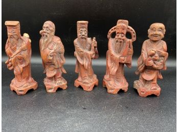 Lot Of 5 Hand Carved Wooden Buddhist Monk Figures Statues