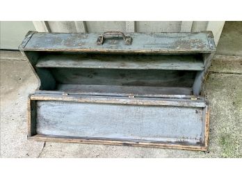 Antique Rustic Wooden Tool Box With Handle And Fold Down Front