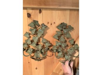 Pair Of Metal Wall Sconce Leaf Candle Holders