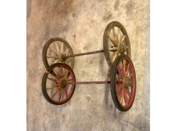 Pair Of Antique Toy Wooden  Wagon Wheels With Iron Hubs And Axel.