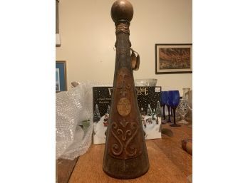 Amazing Italian Glass Wine Or Liquor Bottle With Wood, Leather And Brass Lions