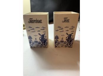 Pair Of Vintage German Tea Containers With A River Scene Painted On Them