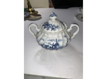 Vintage English Blue And White Sugar Bowl With City Port Scene