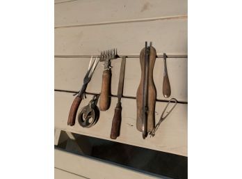 Lot Of Antique Wooden Handled Tools And Kitchen Items.