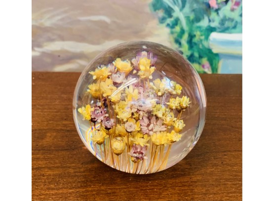 Vintage Lucite Paperweight With Dried Miniature Flowers Inside