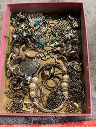 5.5x7.7' Box Of Silver Toned Jewelry Most Wearable