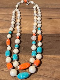 Turquoise And Coral Color Necklace Marked Japan