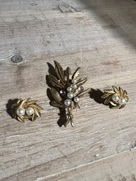 Vintage Leaf Brooch And Clip On Earrings