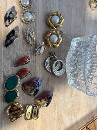 Vintage Clip On Earrings In A Crystal Dish