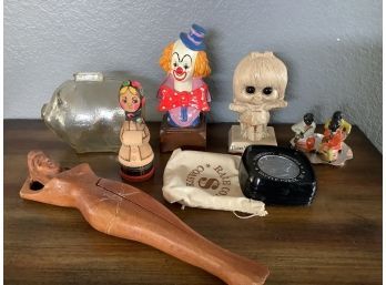 Vintage Assortment With Musical Clown And Piggy Bank. Nutcracker